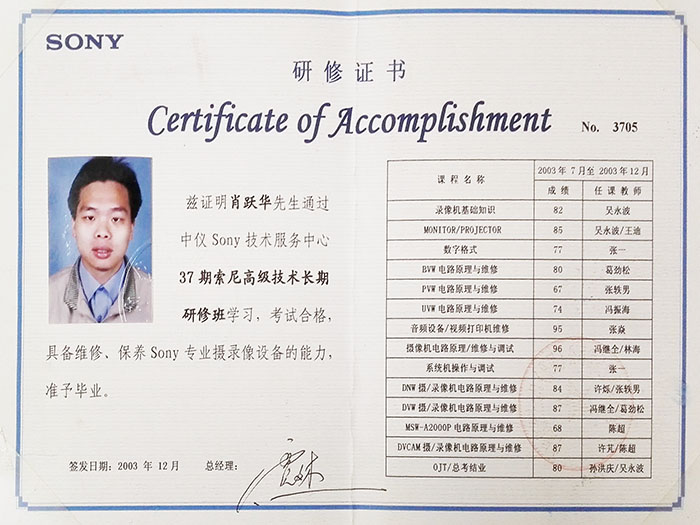 -索尼技术研修证书